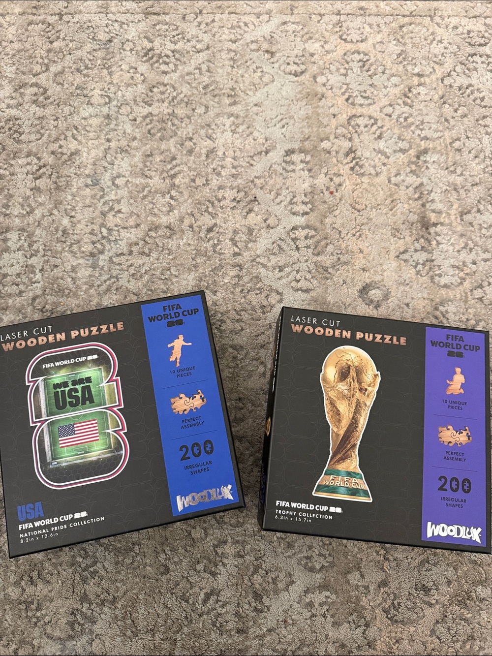 Laser Cut Wooden Puzzle Set - FIFA World Cup Trophy & USA (Black)
